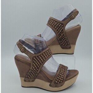 UGG ASSIA CHOCOLATE LEATHER STRAPPY WEDGE HEELS, WOMEN US 7.5/ EUR 38.5
